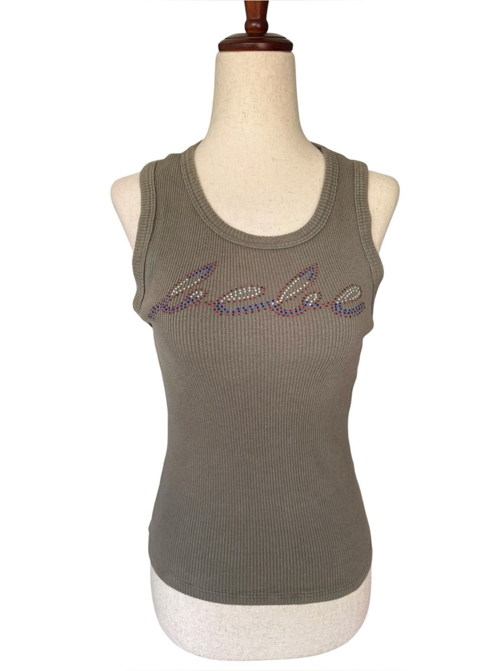 Vintage Y2K Bebe Ribbed Olive Sleeveless Tank with Logo Rhinestone Script Small